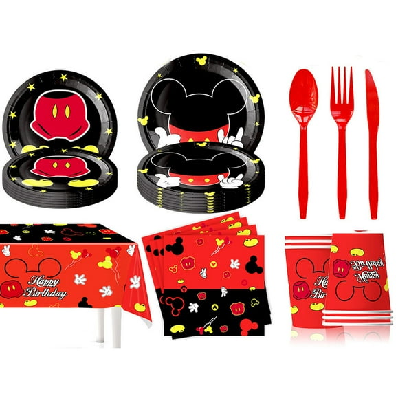 81 Pcs Red Mickey Party Tableware, Mickey Birthday Party Supplies, Paper Plates, Napkins, Cups, Knives, Spoons and Forks