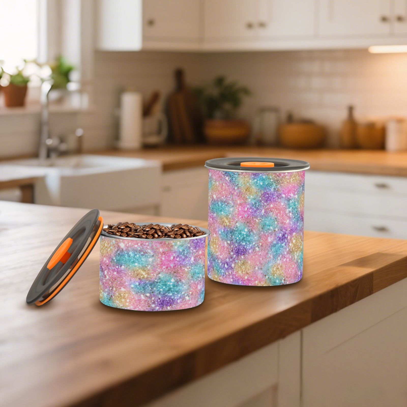 Colorful Glitter Sequins Airtight Coffee Bean Canister 30oz Food Storage Containers with Lids For Gournd, Tea, Sugar, Flour, Rice, Cereal, Candy Cookie Jar