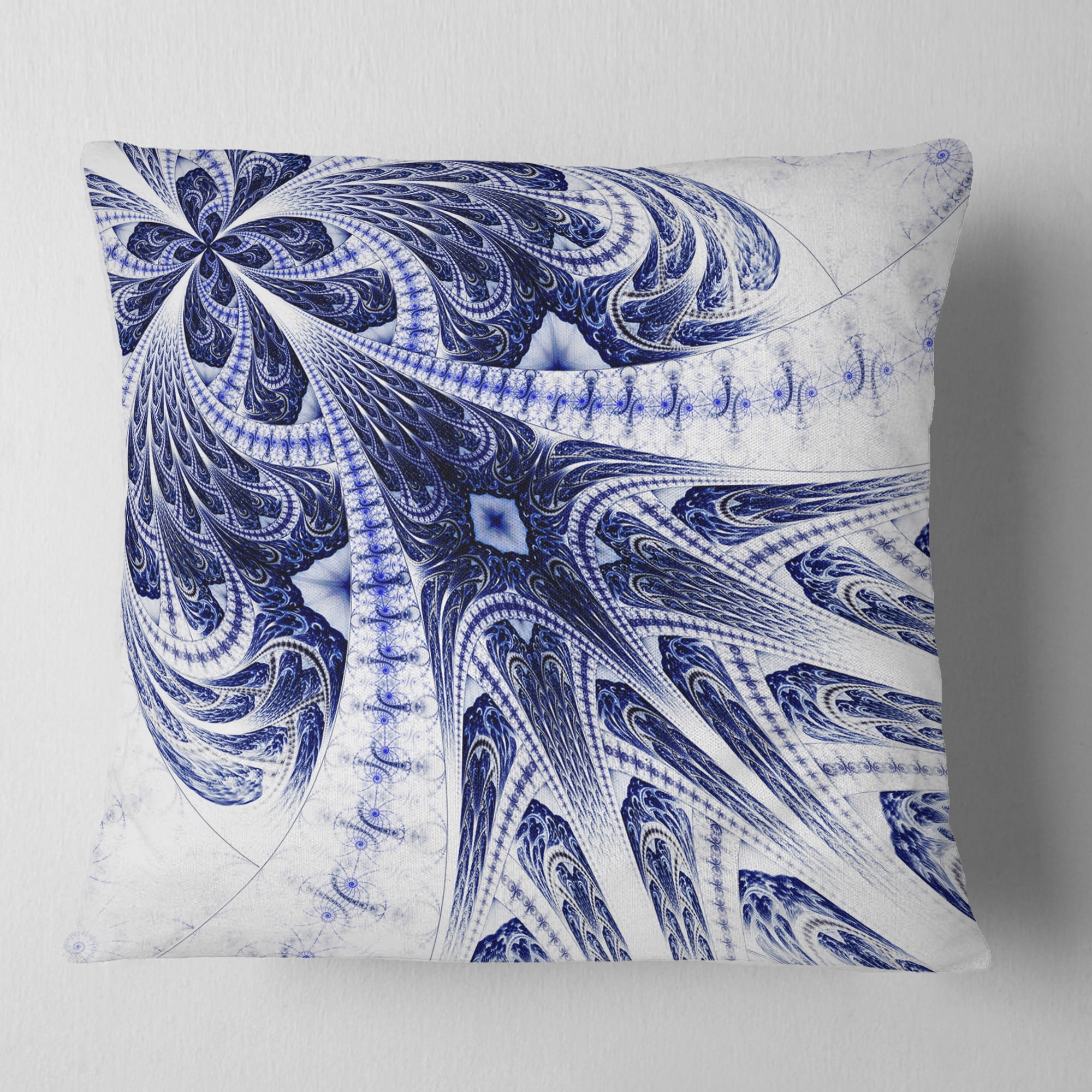 Designart Symmetrical Dark Blue Fractal Flower - Floral Throw Pillow - 18x18