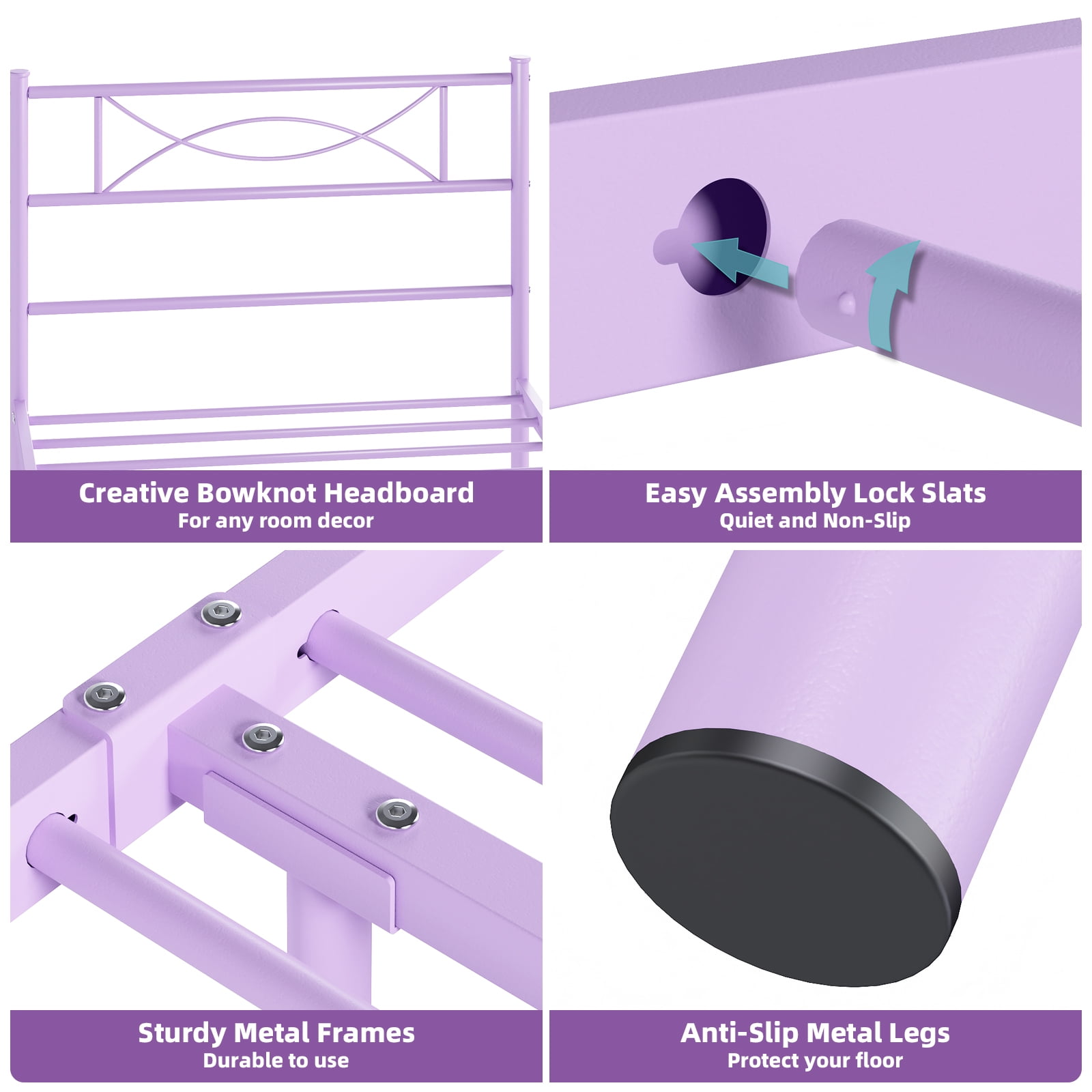 Yoneston Kids Twin Size Metal Platform Bed Frame Single Bed with Bowknot Headboards for Girls Bedroom Furniture - Light Purple