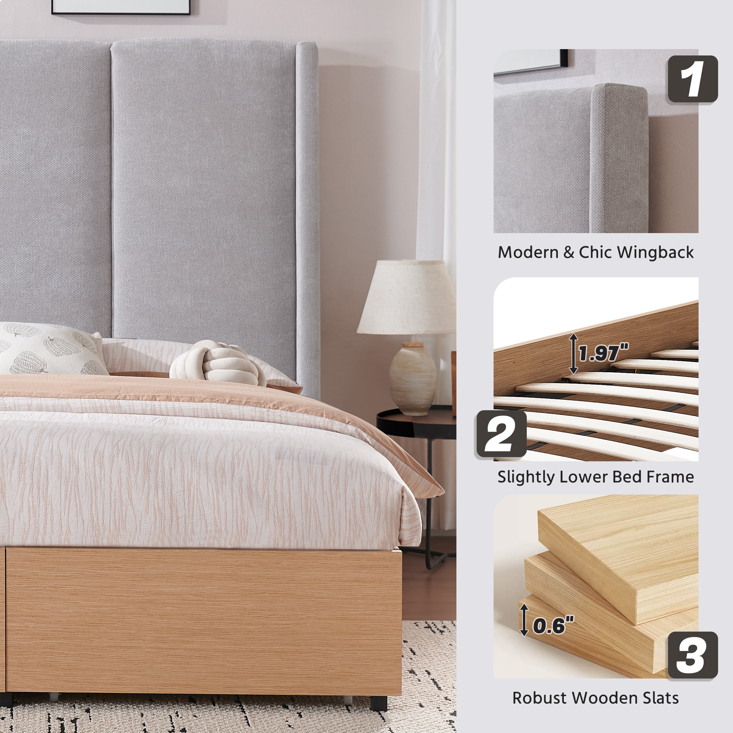 King Size Bed Frame and Upholstered Headboard, Solid Wood Platform Bed with Storage Drawers, Durable Wooden Slats, Solid and Stable, Noiseless, No Box Spring Needed, Easy Assembly, Light Gray