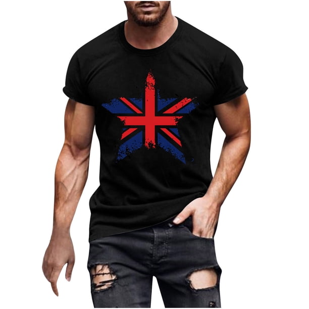 Mens Casual Manga Corta Botón Abajo Camisetas Estados Unidos Bandera Impresión Cuello Redondo Suéter Camiseta, Poliéster Casual Uso Diario para Hombres