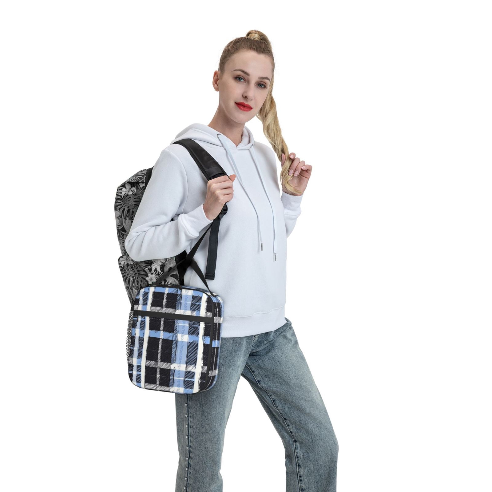 Lunch Bag For Women Men Insulated Portable Lunch Box Bento Box Office Picnic Travel Cooler Bag Mediumblue Houndstooth Buffalo Plaid Tartan Check Scotland Hand-Drawn Sketch_3