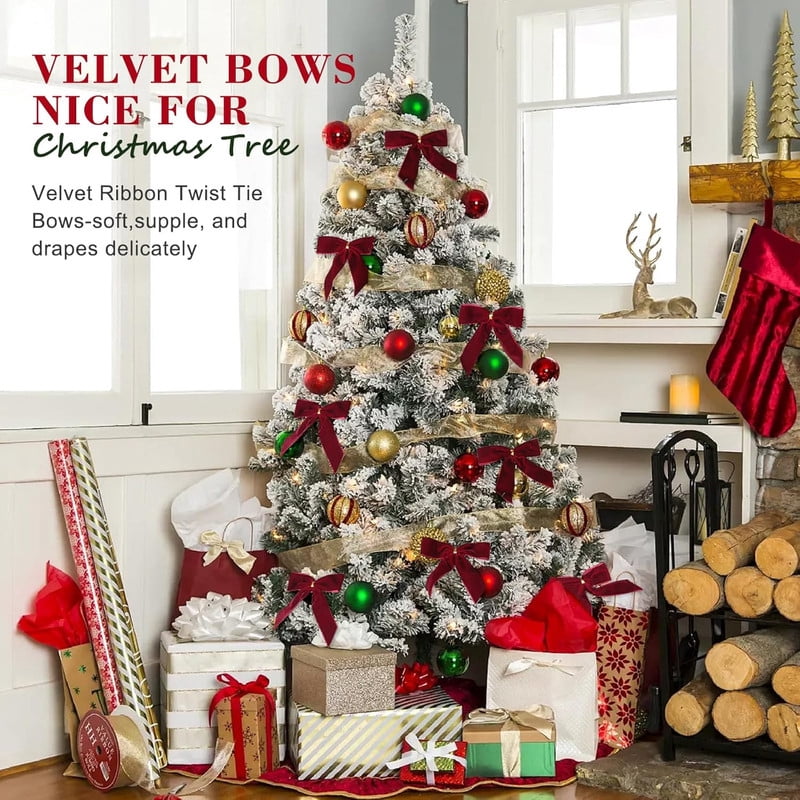 Vorkoi 24 Pcs Red Small Velvet Christmas Bows for Christmas Tree, Wreath, Gift Wrapping, Crafts, Wedding, Party, Twist Tie Bows for Treat Bag Bakery Candy Bags, Home Decor 1" W,3.5 x 3.5 inch
