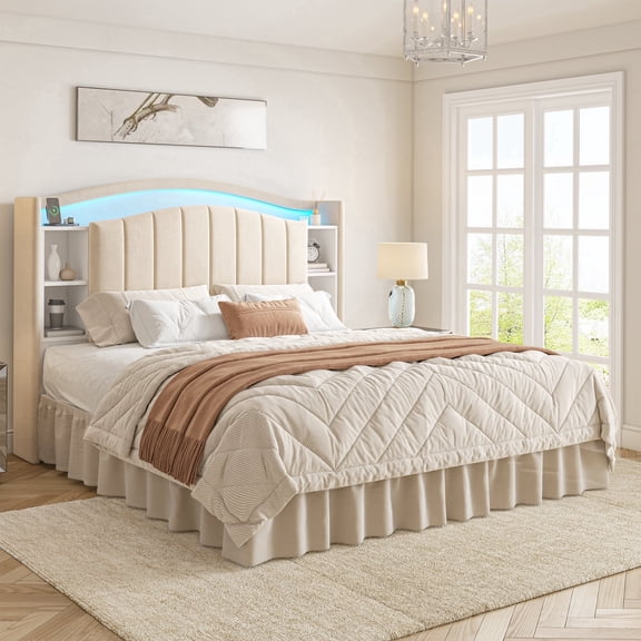 melmine Queen Size Bed Frame with Hidden Storage Compartment & LED Lights Upholstered Bed Frame with Headboard & Charge Station & Bed Skirt,Beige
