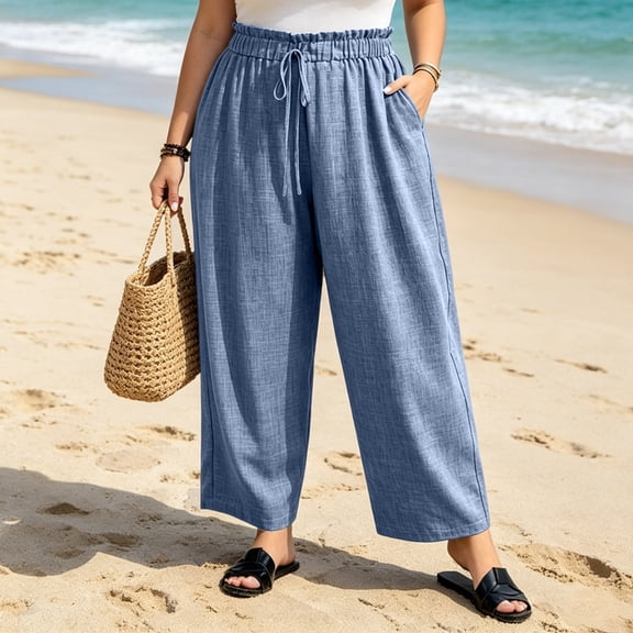 Women's Plus Size Slub Linen Wide Leg Pants, High Waist Drawstring Elastic Waistband, Side Pockets for Summer Beach Everyday Casual | TruHer,Blue L