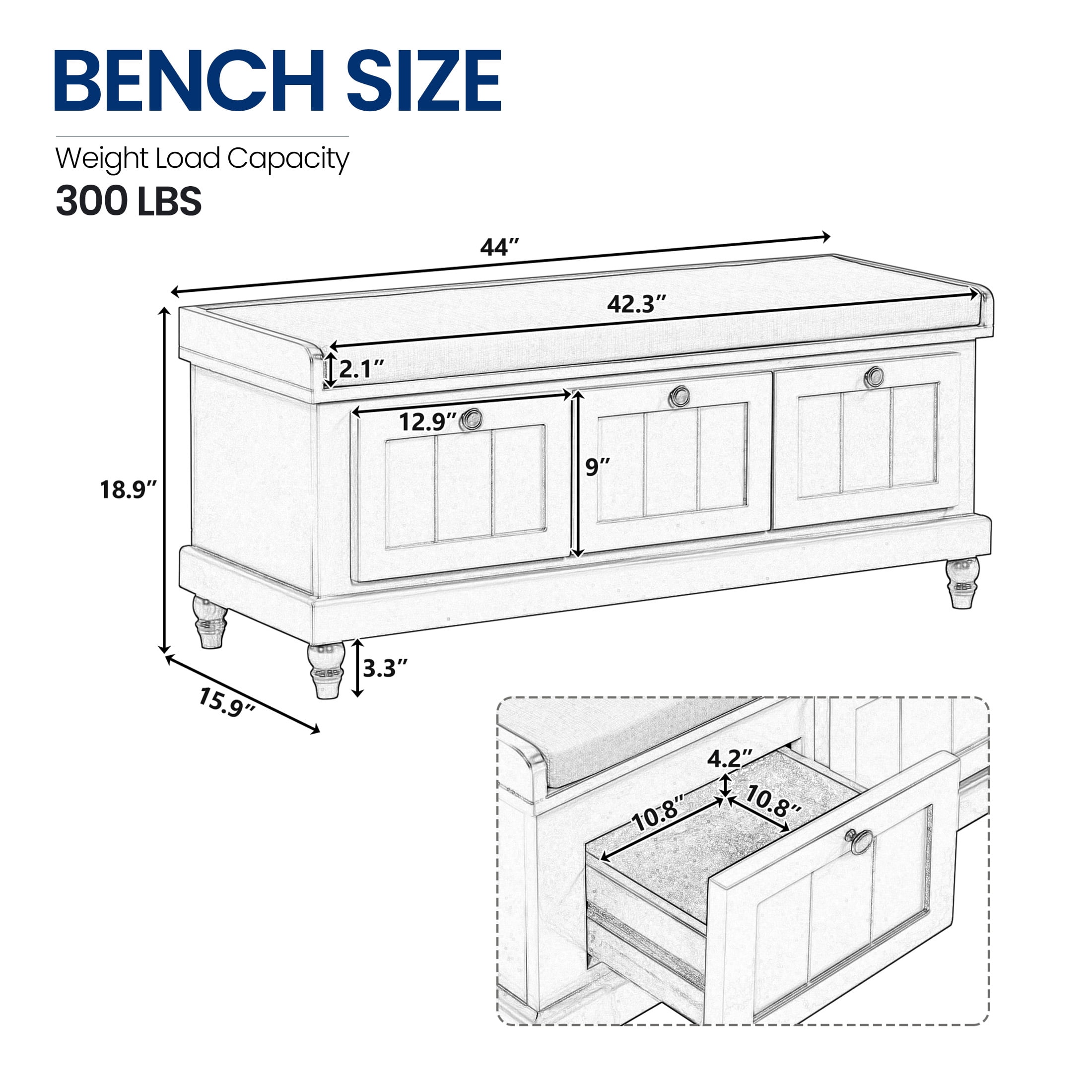 Aukfa Upholstered Storage Bench with 3 Drawers, Flip-Open Storage Box for Entryway, Hallway, Mudroom, Navy
