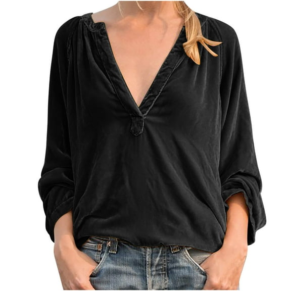 gakvbuo Velvet Button Down Shirts For Women Dressy Fashion Women's Casual Long Sleeve V Neck Loose Shirt Blouse Tops