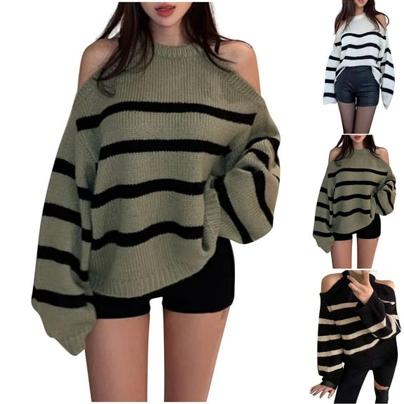 DDAPJ pyju Cold Shoulder Sweater for Women Oversized Ribbed Knit Sweatshirts Casual Loose Striped Pullover Sweaters Army Green Free Size
