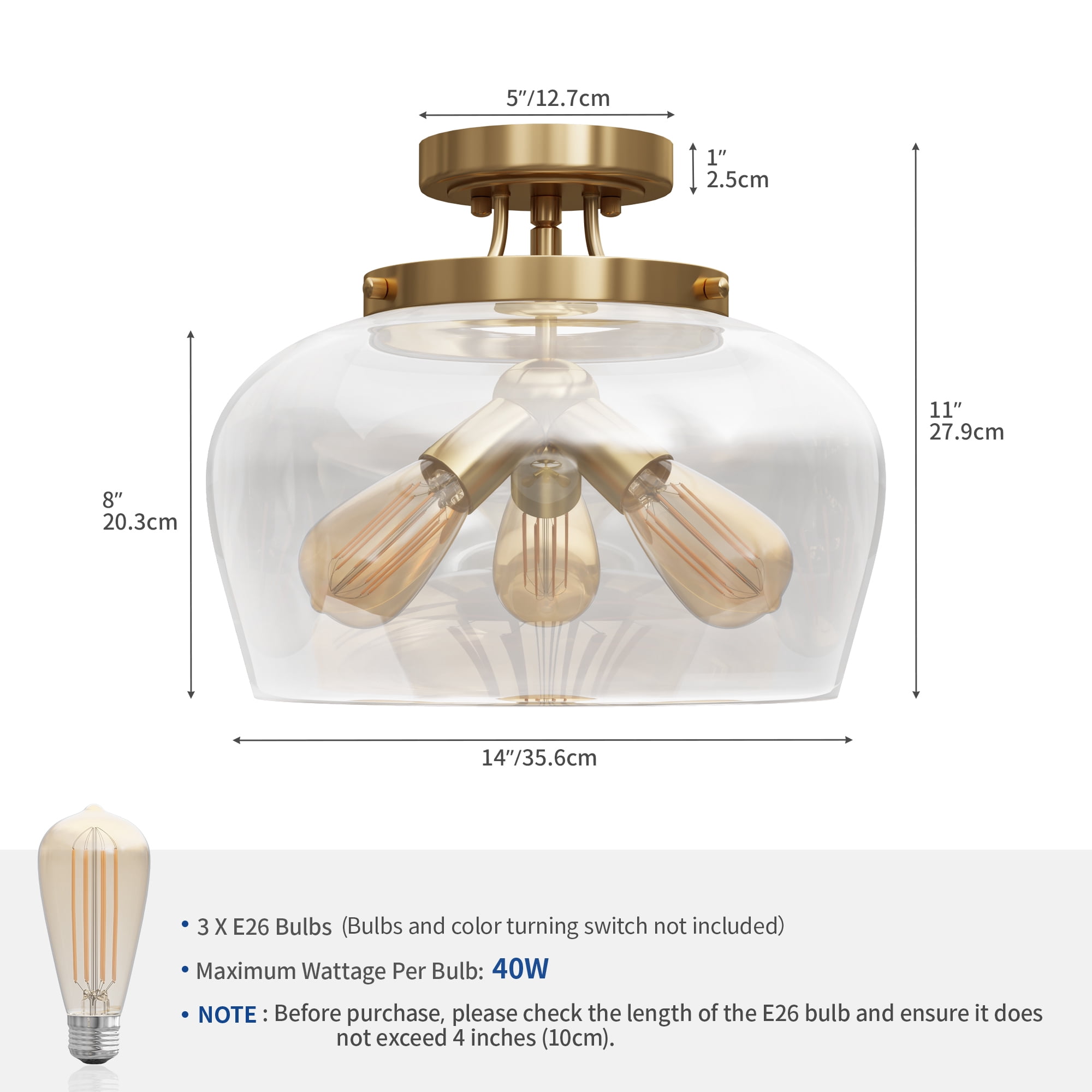 Uforic Semi Flush Mount Ceiling Light, Farmhouse Ceiling light with Clear Glass Shade, Modern Ceiling Light for Closet Dining Room Kitchen Hallway, Gold