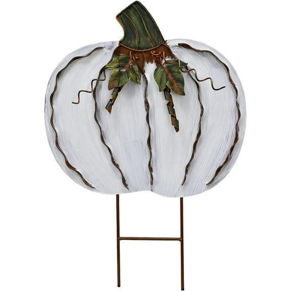 Pumpkin Garden Stake Metal Pumpkin Yard Sign Fall Decor, Decorative Garden Dcor Outdoor for Autumn Harvest Thanksgiving Halloween Rustic Pumpkin Decoration for Home (17inches H, White)
