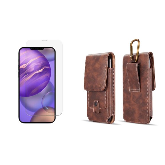 Bemz Pouch Bundle for Apple iPhone 12 Mini: Vertical PU Leather Belt Holster Phone Carrying Case Holder with Inner Card Slots with Tempered Glass Screen Protector - Brown