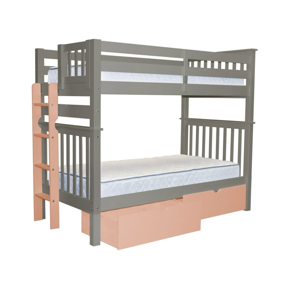 Bedz King Tall Bunk Beds Twin over Twin Mission Style with a Pink End