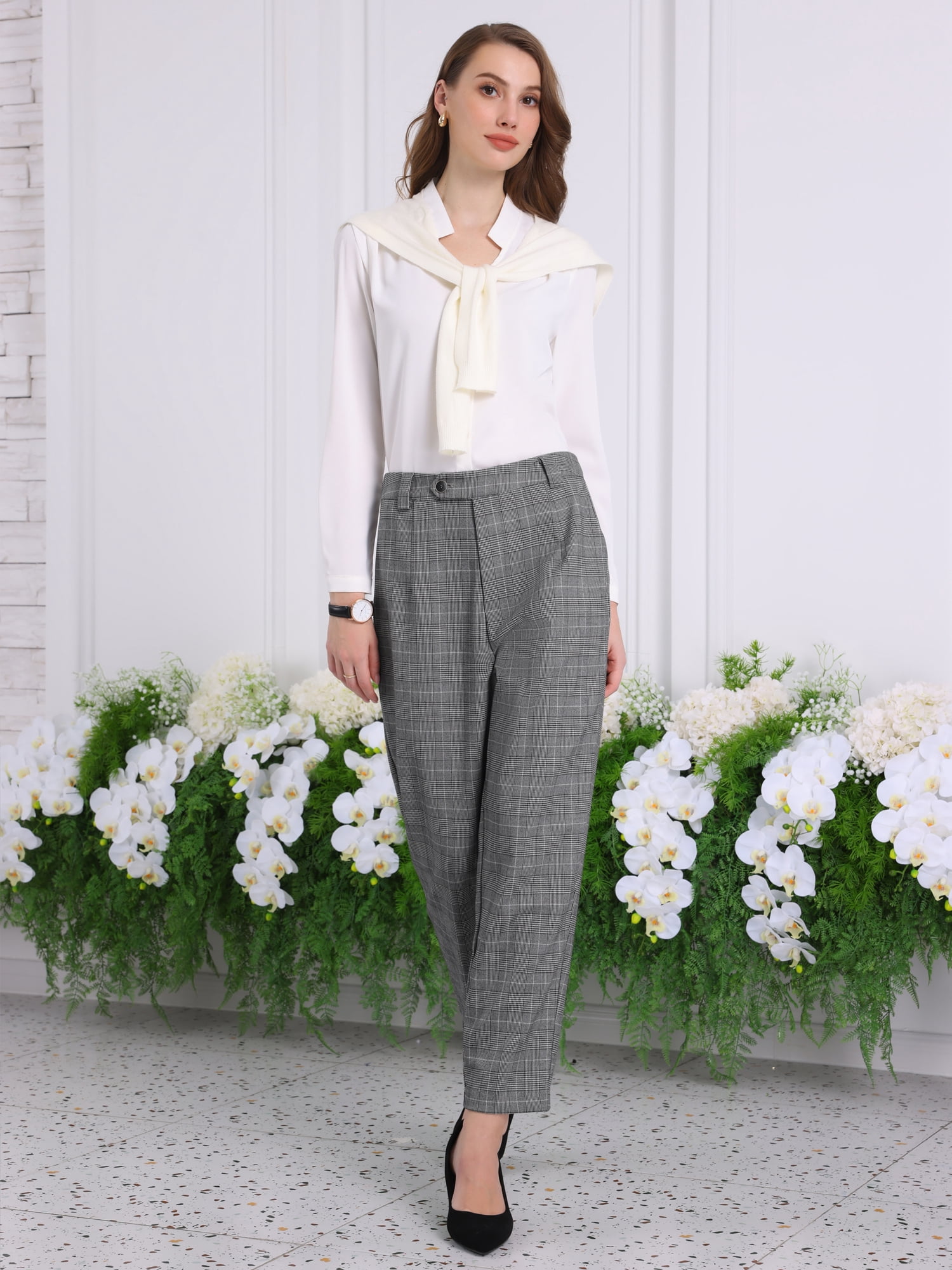 DARING DIVA Women's Plaid Houndstooth Tartan Long Trousers S Light Grey