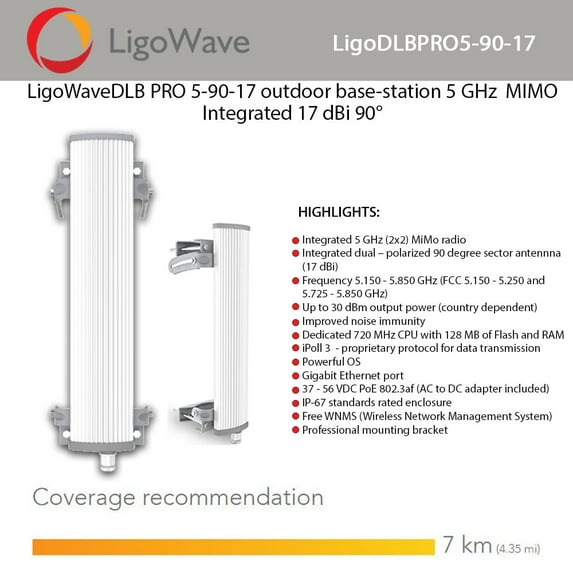 LigoWaveDLB PRO 5-90-17 outdoor base-station 5 GHz MIMO Integrated 17 dBi 90°