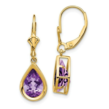 Roy Rose Jewelry 14K Yellow Gold 10x7mm Pear Amethyst Leverback Earrings