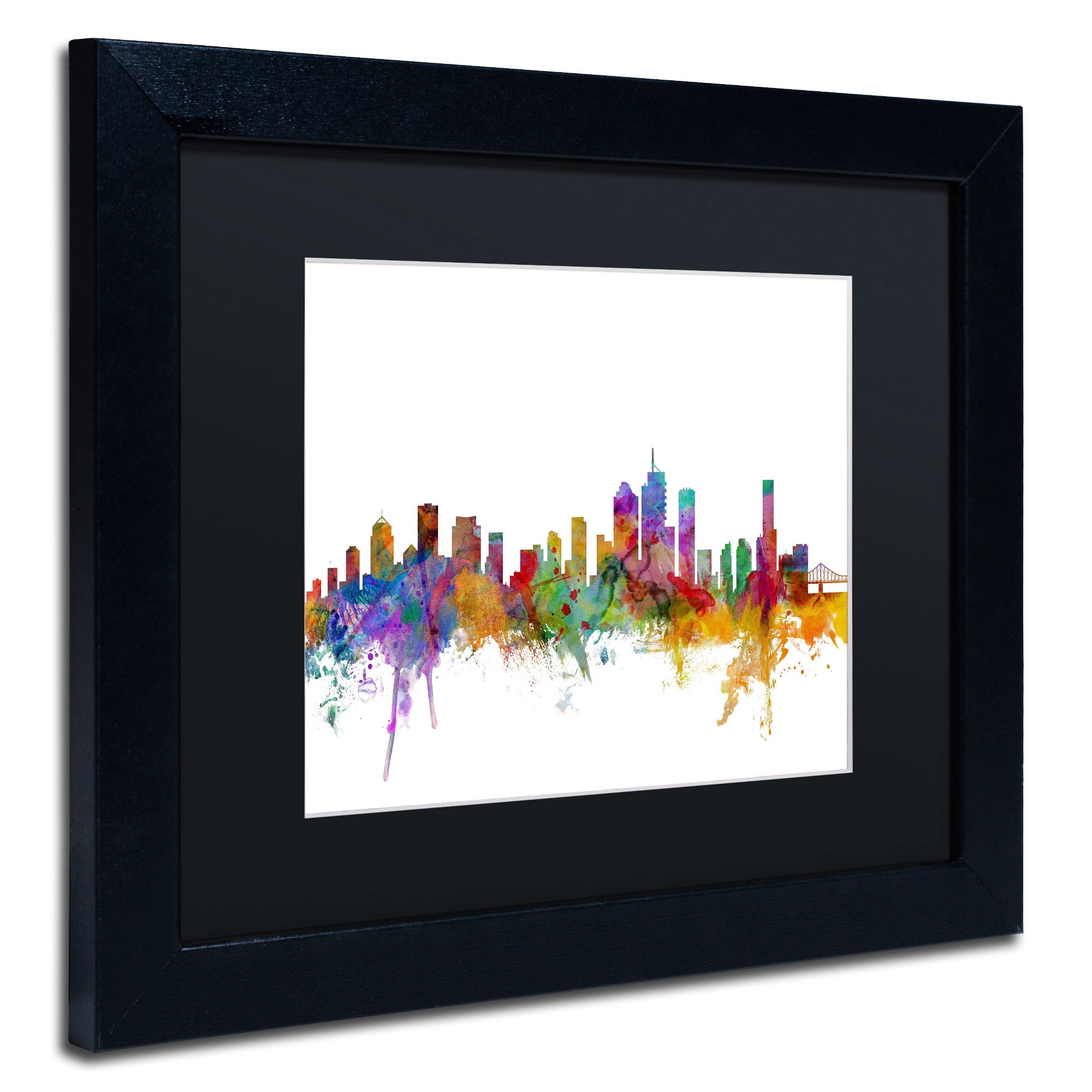 Trademark Fine Art "Brisbane Australia Skyline" Canvas Art by Michael Tompsett Black Matte, Black Frame
