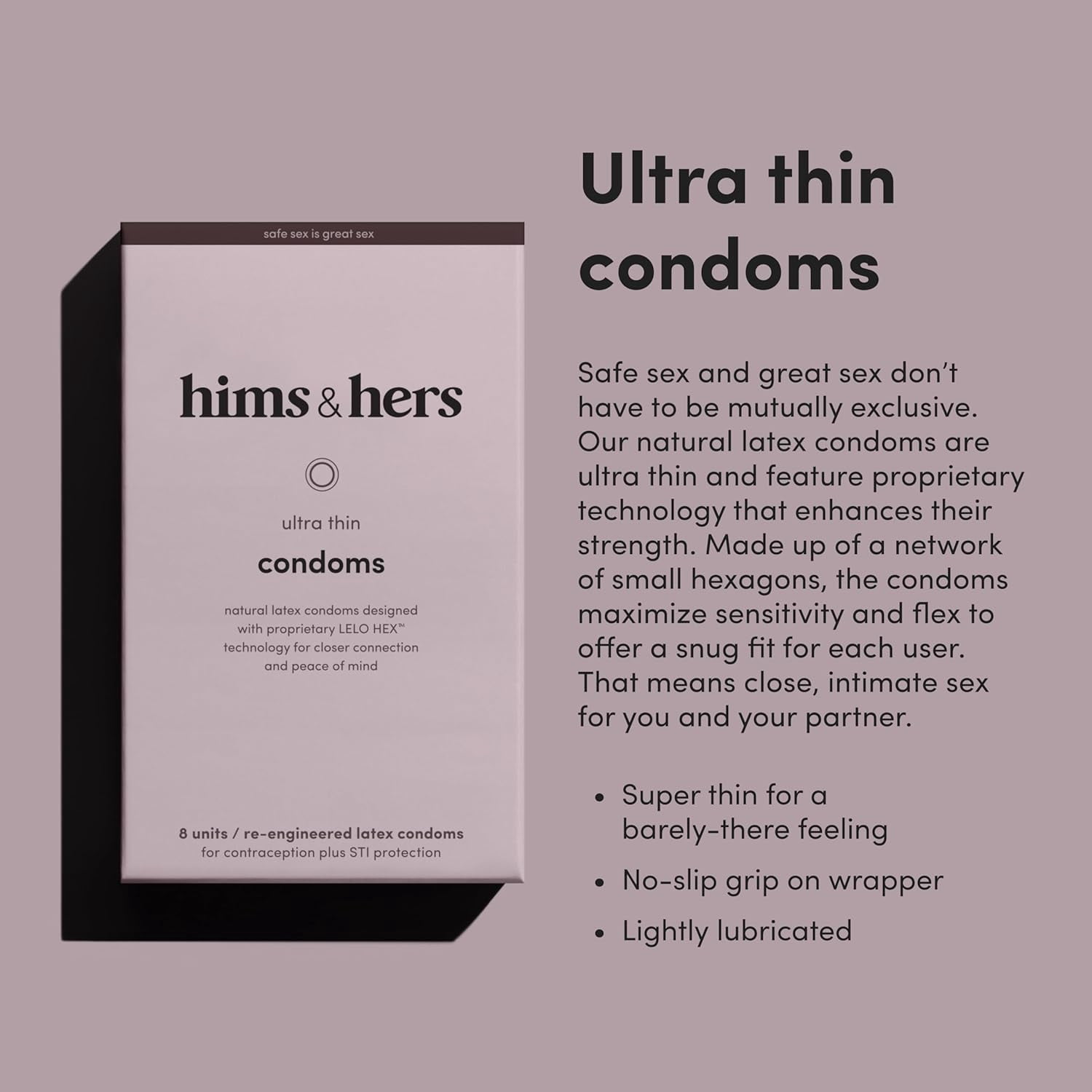 hims & hers Ultra-Thin Condoms for Maximum Sensitivity - Unique Hexagon Shape for a Stronger and Barely-There Feeling - Lightly Lubricated Natural Latex Condoms - 1 Pack (8 count)