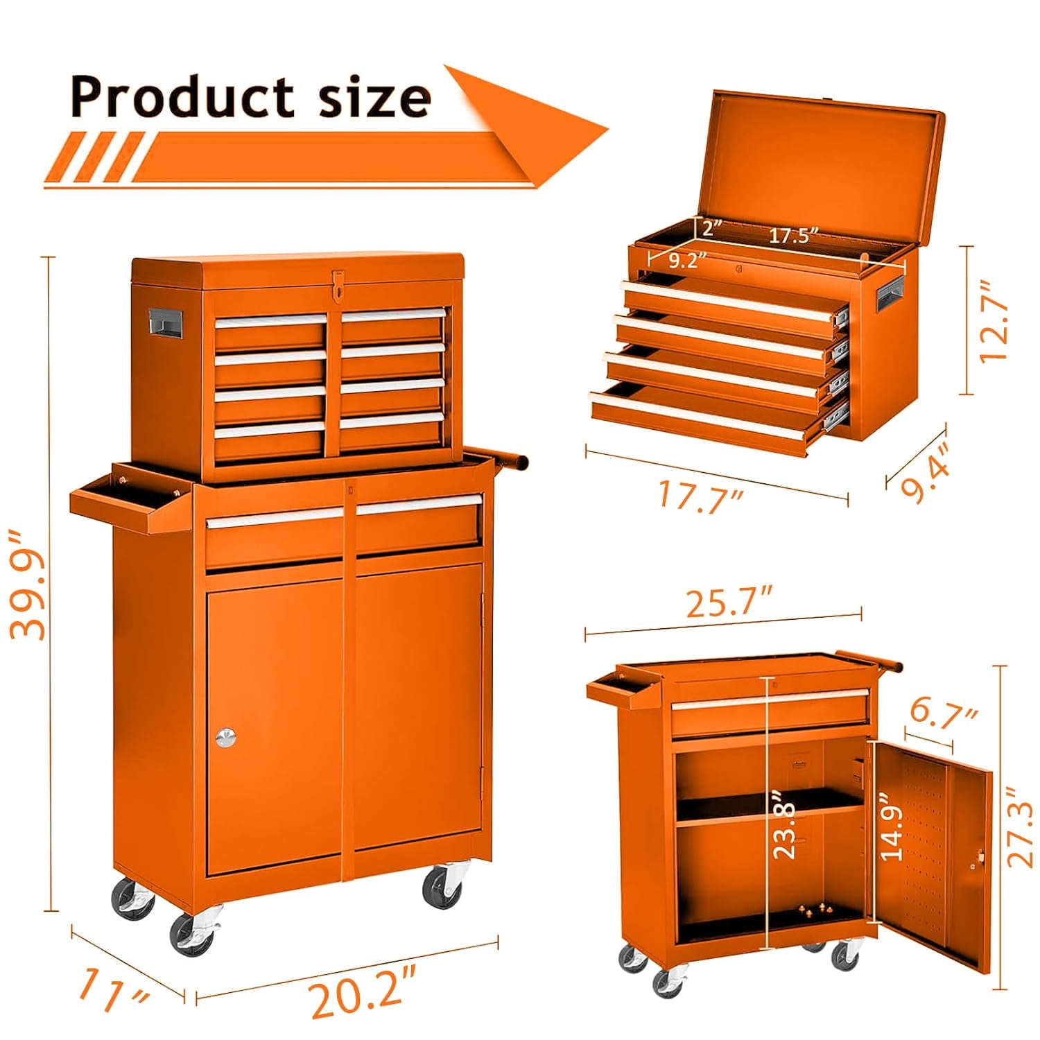 POWANLI Detachable 5-Drawer Rolling Tool Chest with Bottom Cabinet and One Adjustable Shelf/Locking System for Garage Workshop Warehouse Repair Shop