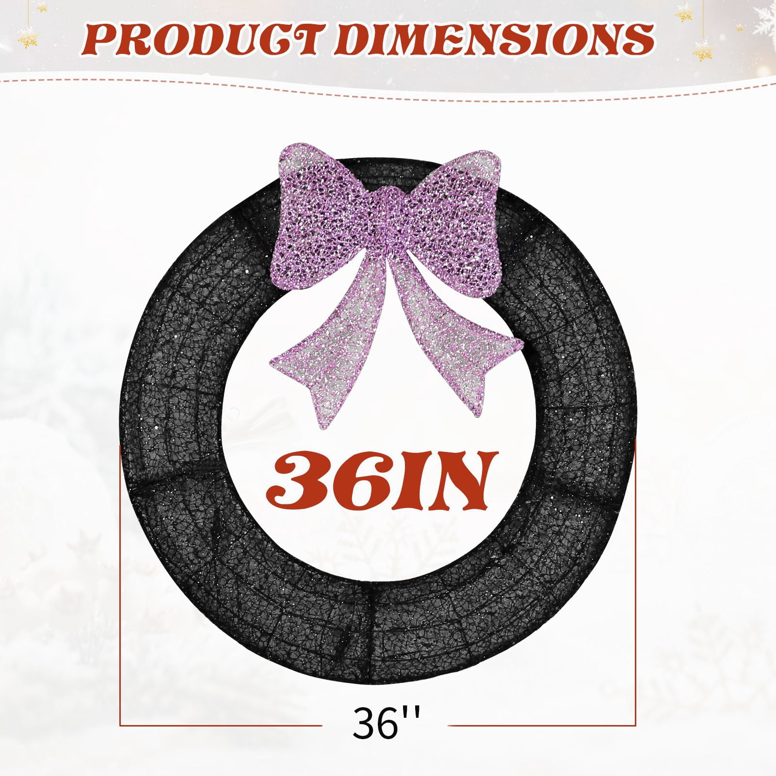 36in Pre-lit Outdoor Christmas Wreath Decoration, Lighted Metal Wreath with Purple Bow, Remote Control LED Lights with Timer, for Front Door Gate Wall Indoor Outdoor Holiday Party