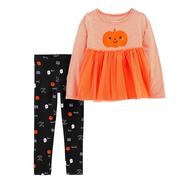 Glisme Halloween Big Girls Outfit Set Pumpkin Print Long Sleeve Crew Neck Dress With Pants Outfit Girls Fall Season Casual Set Size 7-8 Years Orange