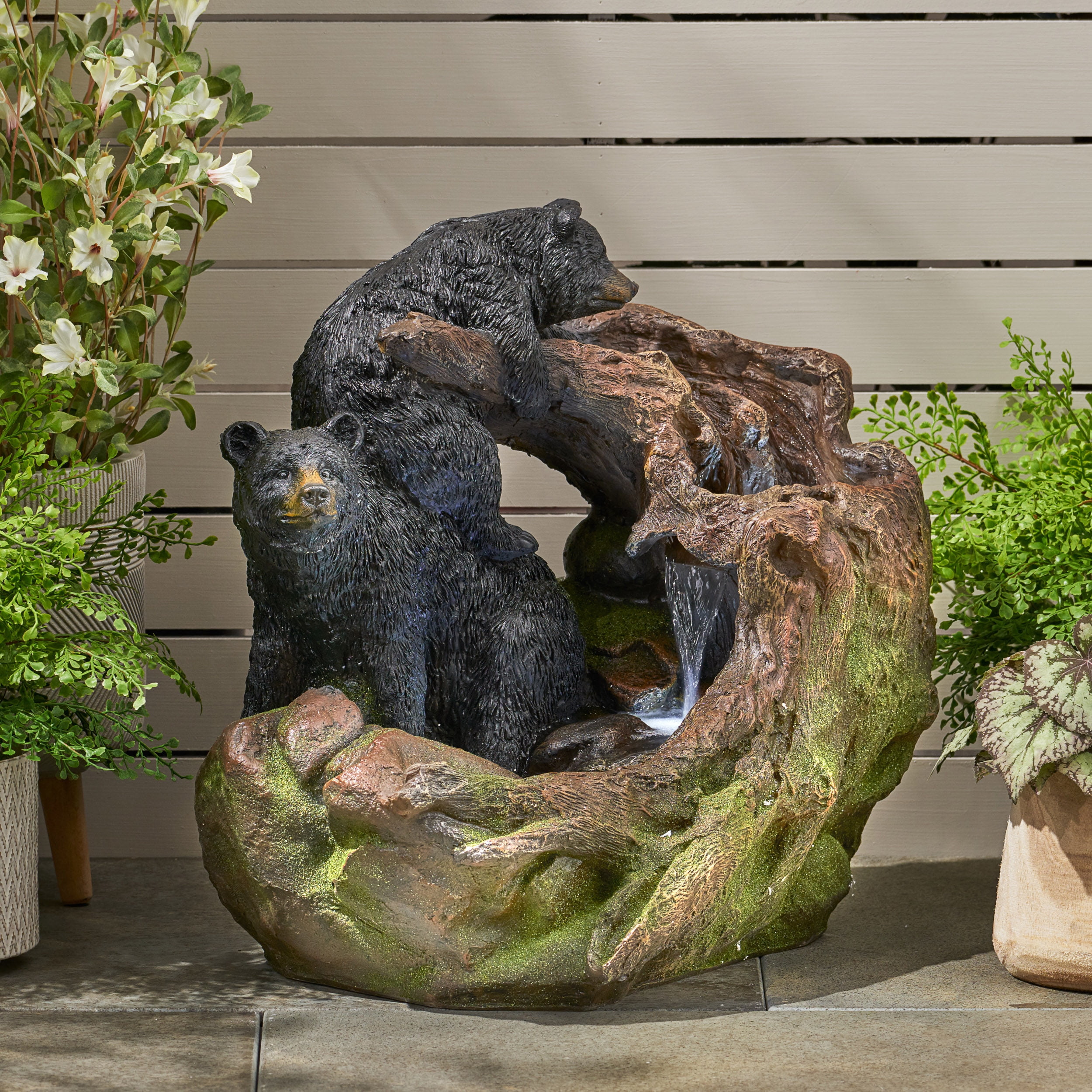 Bowery Outdoor Bears on a Log Fountain, Light Brown and Black