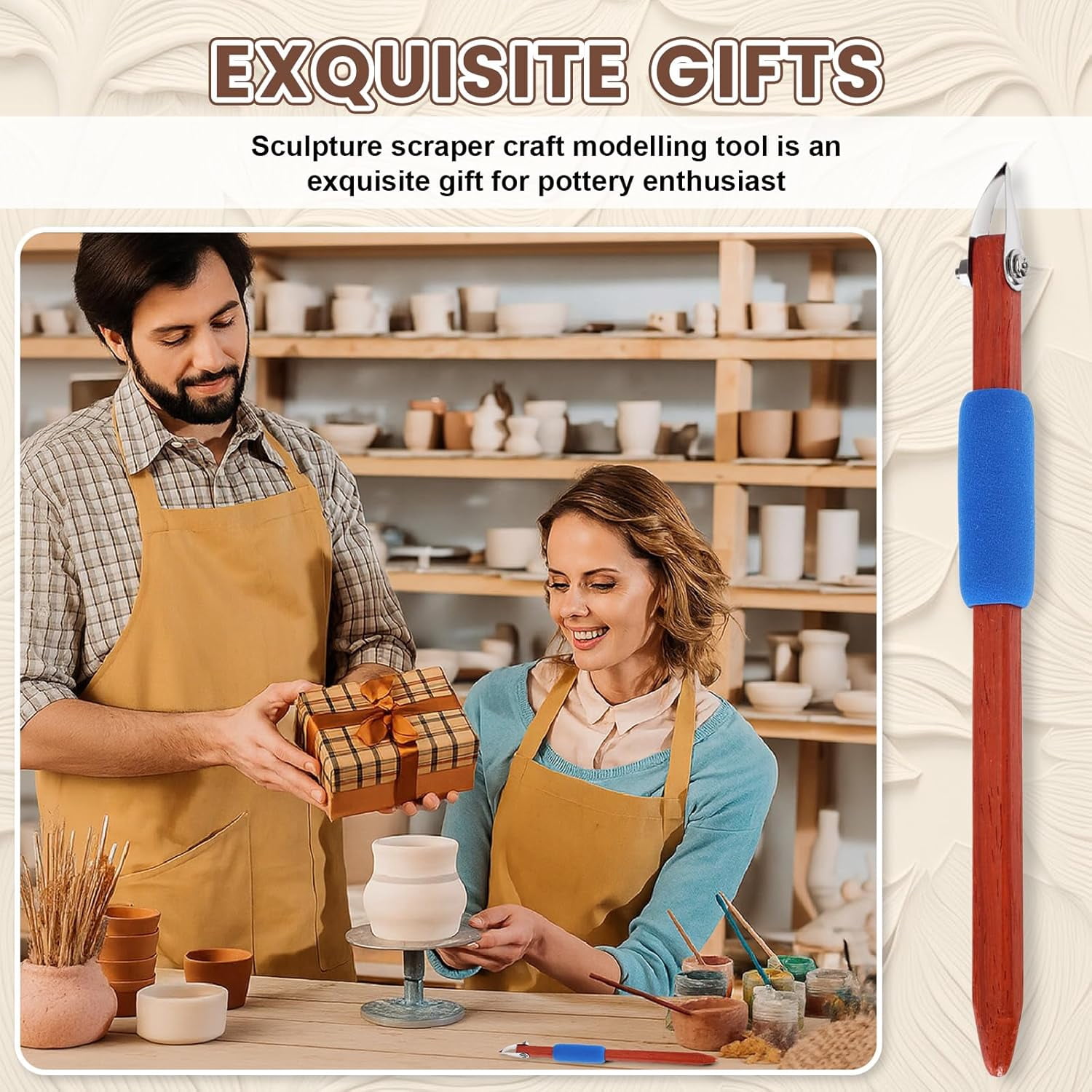 ABCISI Pottery Carving Tools Set Include 5 Stainless Steel Blades & Red Pear Wood Handle, Sculpture Scraper Craft Modelling Tools for Clay, Ceramic Sculpting, Graffito, Relief Art (V-tip)