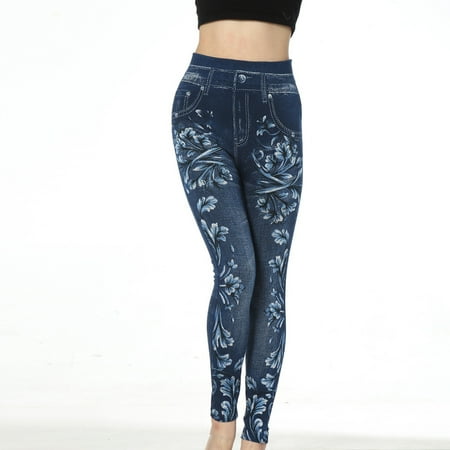

HOMBOM Pajama Pants Summer Casual Imitation Denim Printed Leggings Capris High Waisted Elastic Pencil Pants Light Blue XXL(12)