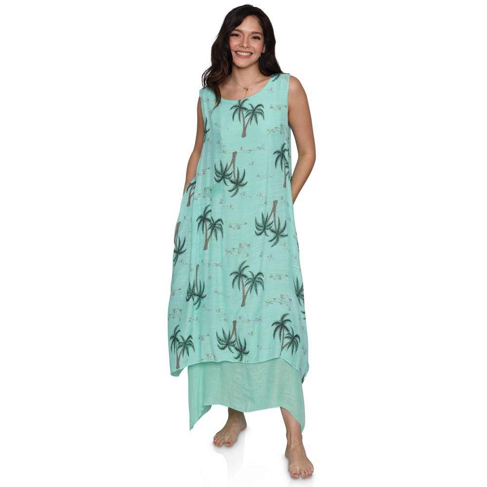 India Boutique Womens Long Dress Double Layer Sleeveless Palm Tree
