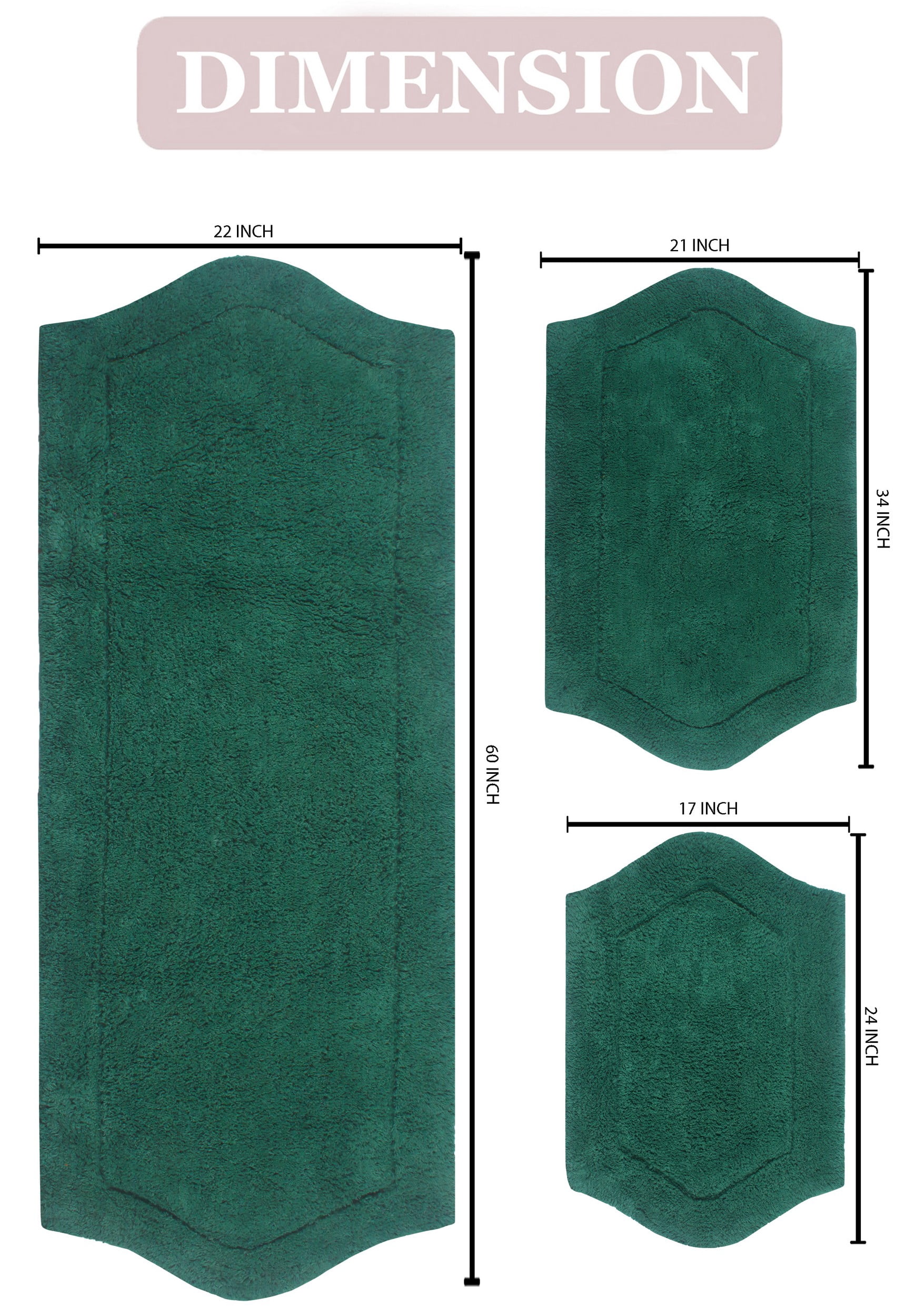 Home Weavers Waterford Collection 100% Cotton Non-Slip Bathroom Rug Set Machine Washable Bathroom Rug-17"x24", Bath Rug- 21"x34", Runner- 22"x60", Bottle Green Color 3 Piece Bath Rug set