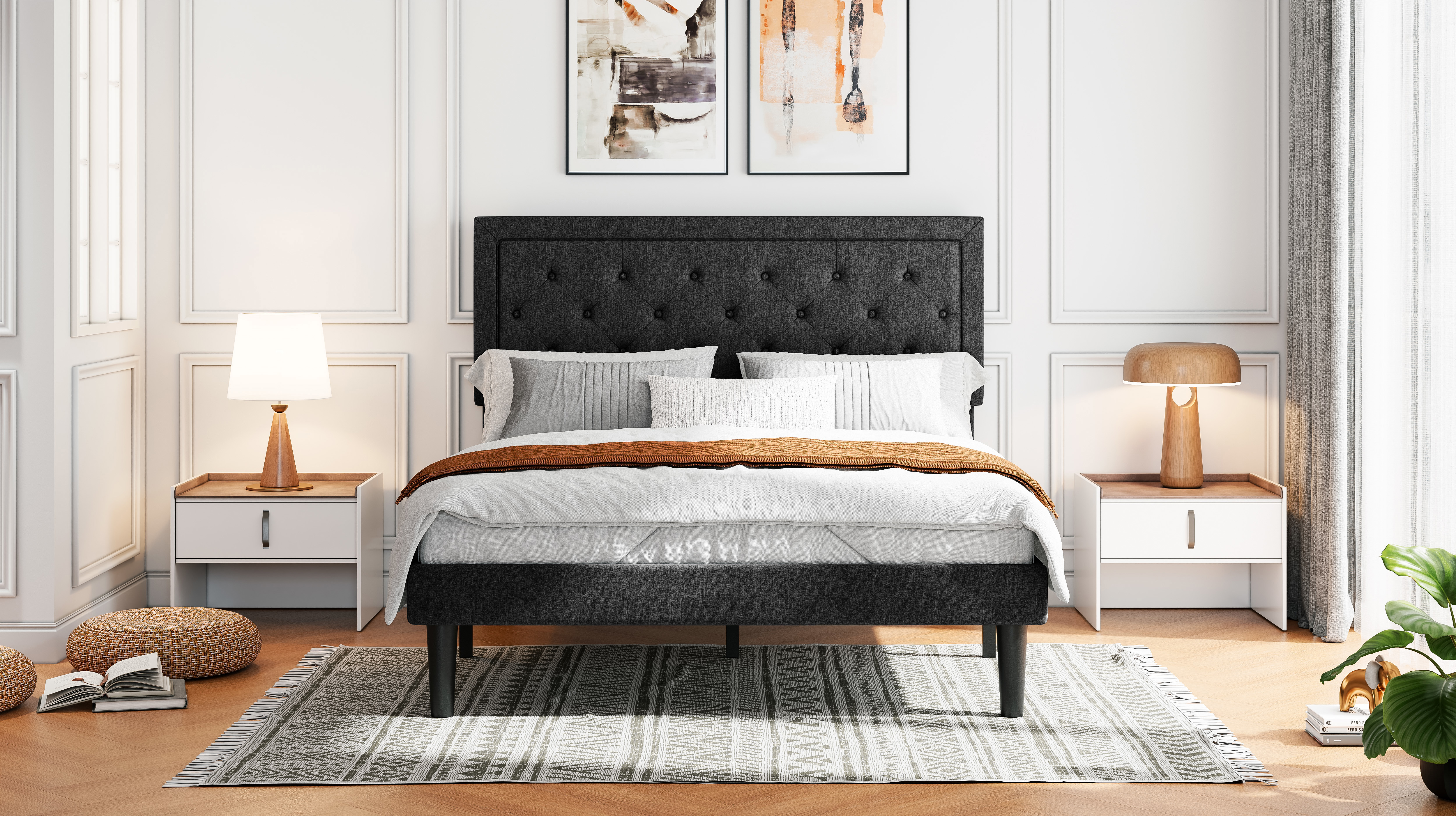 Sifurni Queen Bed Frame Upholstered Platform Bed with Adjustable Headboard, No Box Spring Needed, Black