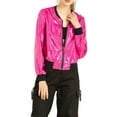thumbnail image 6 of MODA NOVA Juniors Halloween Costume Casual Stand Collar Metallic Zip Crop Length Bomber Jacket Hot Pink S, 6 of 7