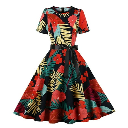 

Red Dresses for Women Sweater Dress Women s Round Neck Dresses for Women Beach Floral Print Short Sleeve Zipper Swing Dress Maternity Dress for Photoshoot Womens Tops Dressy Casual Red L