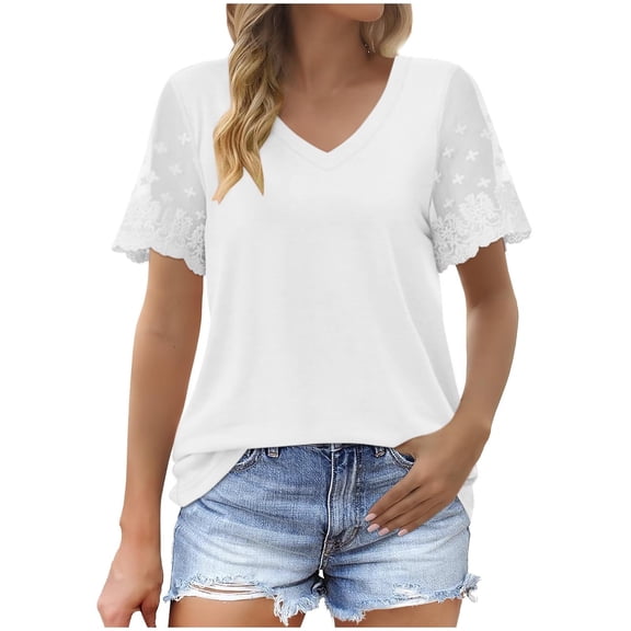 hotojiny Blouses for Women Dressy Casual Summer Tops Lace Short Sleeve Shirts Business Casual T Shirts Beach Vacation Clothes