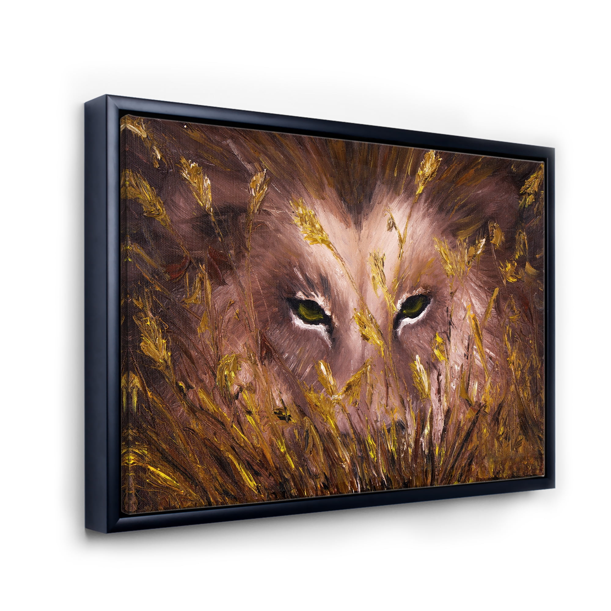 Close Up Of Wolf Eyes In The Grass 32 in x 16 in Framed Photography Canvas Art Print, by Designart