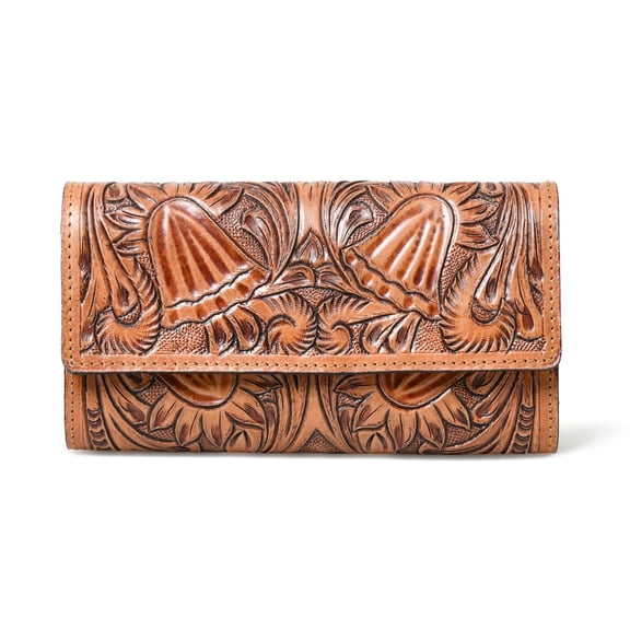 ADYANN Women’s Embossed Leather Clutch Wallet Handmade Tan Floral Pattern Purse with Multiple Card Slots & Magnetic Closure