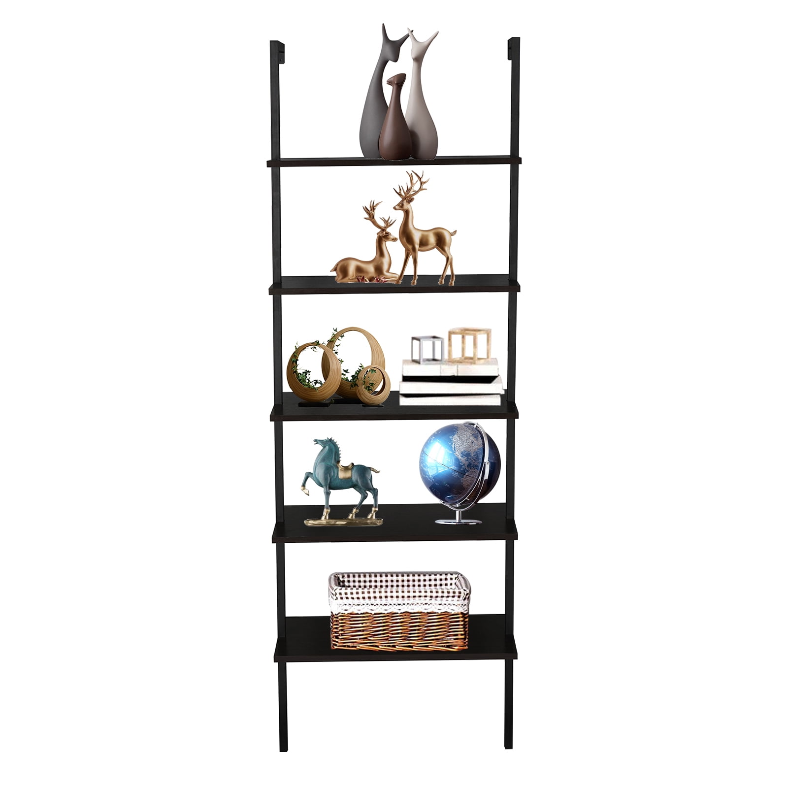 5-Shelf Ladder Bookcase with Metal Frame, Industrial 5-Tier Modern Wood Ladder Shelf Wood Shelves, Dark Walnut