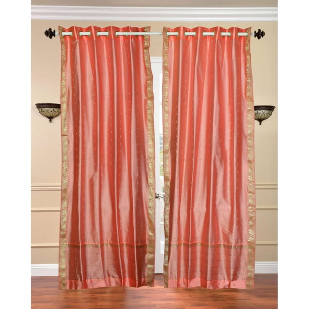 LinedPeach pink Ring Top Sheer Sari Curtain / Drape 80W x 96L