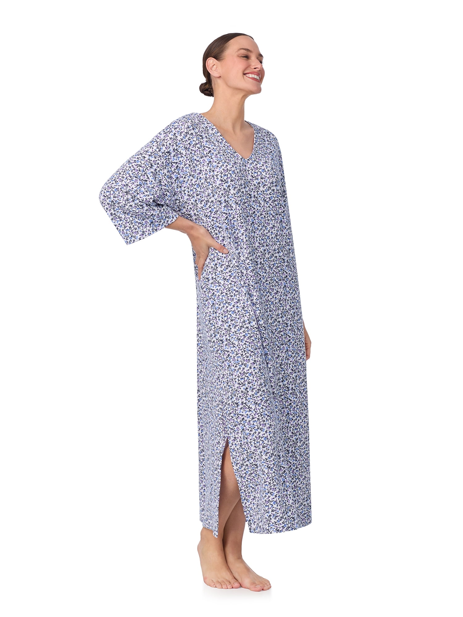 Aria Women's Sweater Knit 3/4 Sleeve V-Neck Lounger Nightgown with Pockets, Sizes XS to 5X