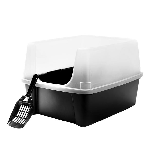 IRIS Open Top Cat Litter Box Kit with Shield and Scoop, Black, High ...
