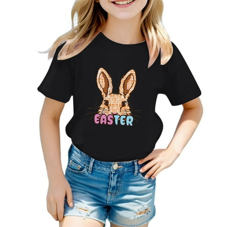 

ZMHEGW Girls Spring/Summer Casual Short Sleeved T Shirt Easter Bunny Printed Round Neck Comfortable Children s Clothing