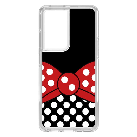 DistinctInk Clear Shockproof Hybrid Case for Galaxy S21 ULTRA 5G (6.8" Screen) - TPU Bumper, Acrylic Back, Tempered Glass Screen Protector - Black White Polka Dot Red Bow Minnie