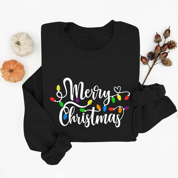 Lopecy-Sta Women's Merry Christmas Light Print Crewneck Sweatshirt, Casual Long Sleeve Pullover Top for Holiday Party Daily Wear Black XL