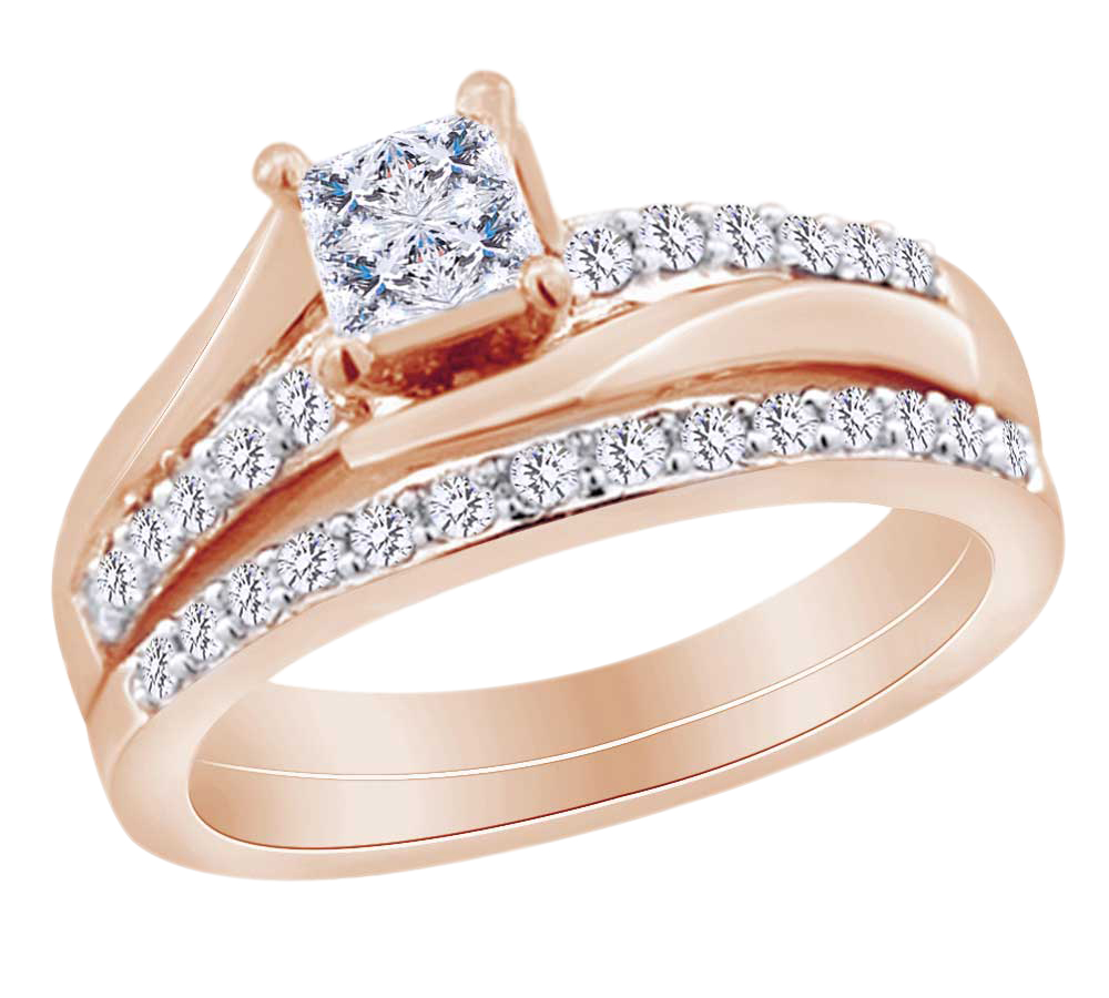 AFFY Princess & Round Shape White Natural Diamond Women's Bridal Ring Set In 10k Rose Gold (0.50 cttw) Ring Size-5