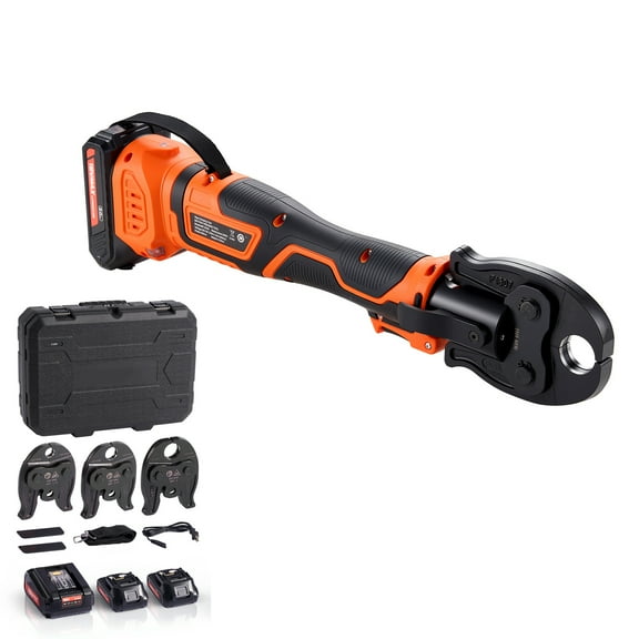 KFFKFF 18V Electric Pipe Crimping Tool for 1/2", 3/4", 1" PEX Pipes with Stainless Steel Rings, Press Tool Kit Including 3 Jaws, 2 Rechargeable Batteries, Charger, and Carrying Case