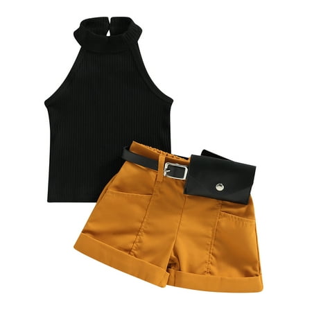 

Suanret Kids Girls Summer Outfits Sleeveless Hanging Neck Tank Tops Solid Color Shorts with Waist Bag Clothes Sets Black 6-7 Years