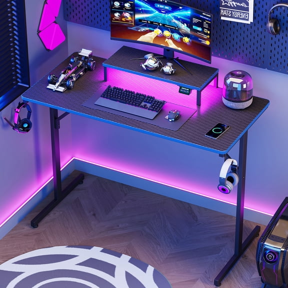 RSPGAME Gaming Desk PC Computer Office Gamer Table Desk with LED Lights & Monitor Stand in Blue