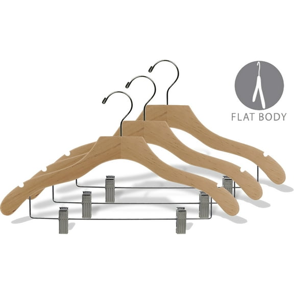 Wavy Wood Combo Hanger w/ Cushion Clips, Box of 25 Space Saving 17 Inch Wooden Hangers w/ Natural Finish & Chrome Swivel Hook & Notches for Shirt Jacket or Dress by International Hanger