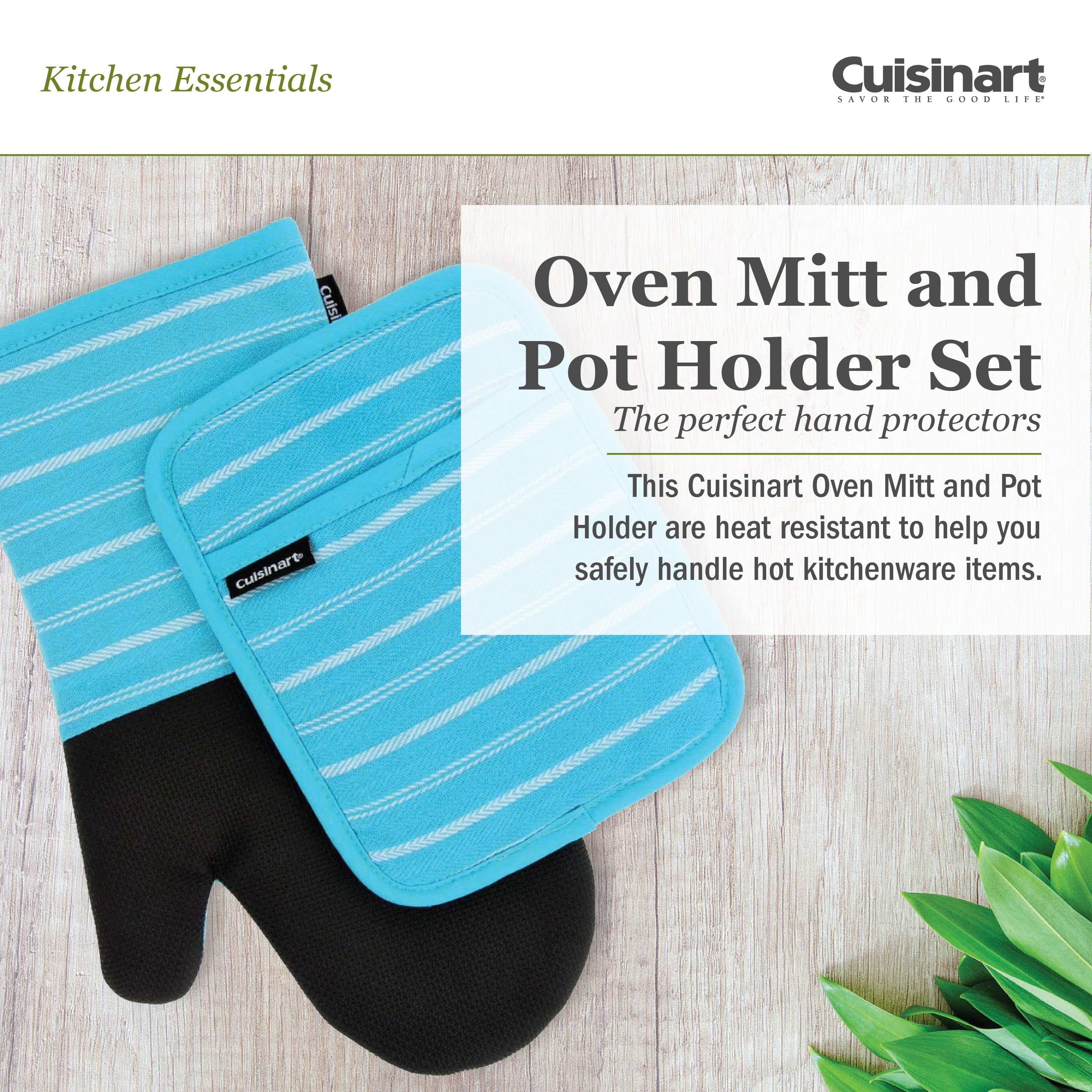 Cuisinart Neoprene Oven Mitt Glove & Rectangle Potholder with Pocket Set,  Twill Stripe, Blue Curacao