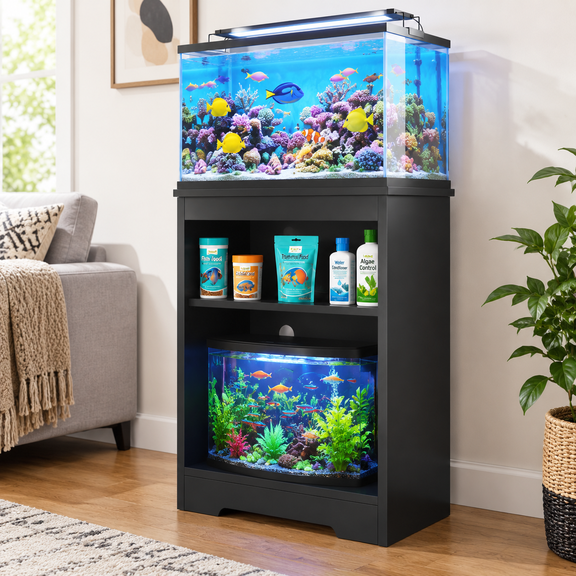 Black 5-10 Gallon Aquarium Stand with Storage and Power Outlets